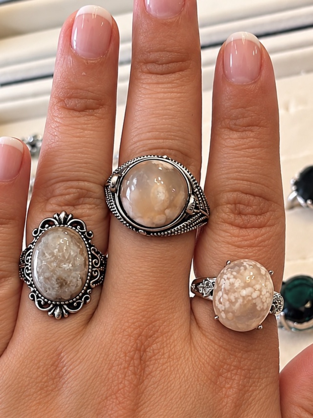 PICK 1 🌸 Flower Agate Rings | Ornate Vintage Bands | Silver Plating | Adjustable